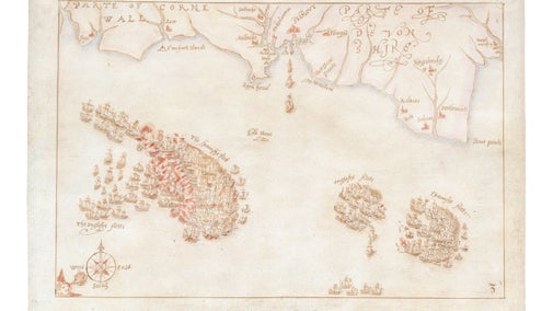 A hand drawn map depicting the Spanish Armada off the south coast of England.
